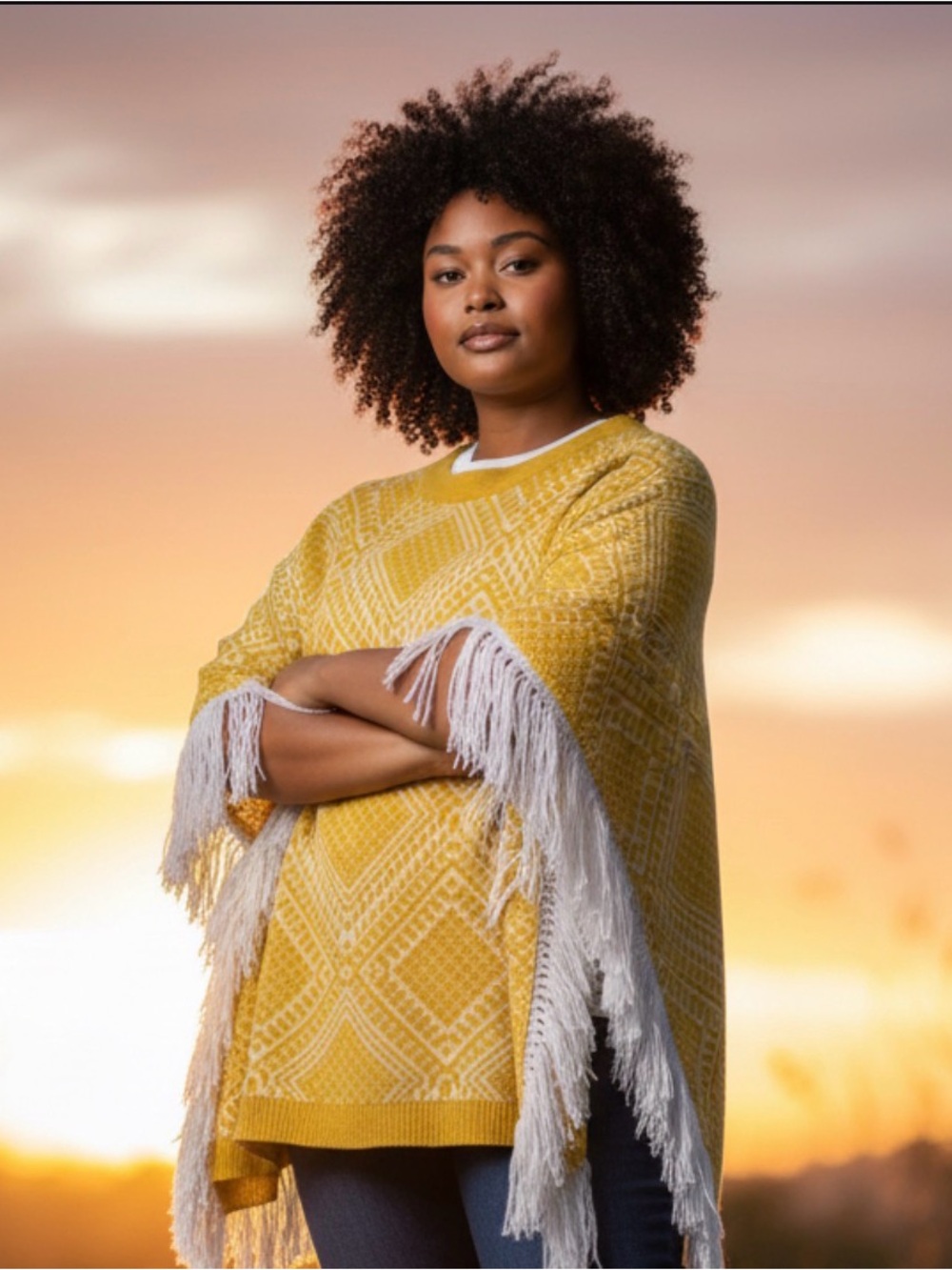 Fabulous Poncho. Yellow/Gold Knit with White Geometric Pattern, Trim & Fringe